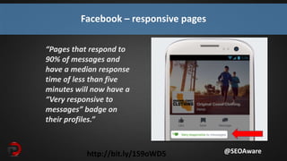 http://bit.ly/1S9oWD5
Facebook – responsive pages
@SEOAware
“Pages that respond to
90% of messages and
have a median response
time of less than five
minutes will now have a
“Very responsive to
messages” badge on
their profiles.”
 