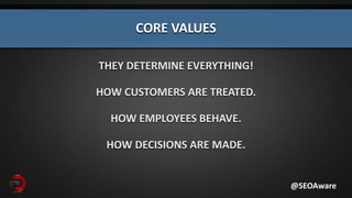 THEY DETERMINE EVERYTHING!
HOW CUSTOMERS ARE TREATED.
HOW EMPLOYEES BEHAVE.
HOW DECISIONS ARE MADE.
@SEOAware
CORE VALUES
 