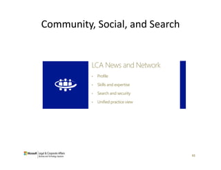 Community, Social, and Search

LCA News and Network
•

Profile

•

Skills and expertise

•

Search and security

•

Unifie...