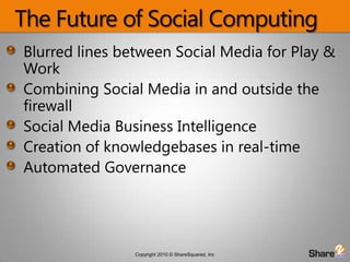 The Future of Social ComputingBlurred lines between Social Media for Play & WorkCombining Social Media in and outside the firewallSocial Media Business IntelligenceCreation of knowledgebases in real-timeAutomated Governance