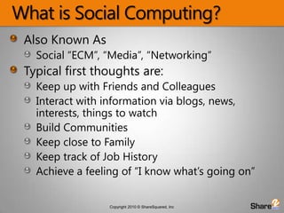 What is Social Computing?Also Known AsSocial “ECM”, “Media”, “Networking”Typical first thoughts are:Keep up with Friends and ColleaguesInteract with information via blogs, news, interests, things to watchBuild CommunitiesKeep close to FamilyKeep track of Job HistoryAchieve a feeling of “I know what’s going on”