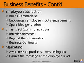Business Benefits - Cont’dEmployee SatisfactionBuilds CamaraderieEncourages employee input / engagementSpurs idea generationEnhanced CommunicationInterdepartmentalBeyond the organizationBusiness ContinuityMarketingAwareness of products, cross selling, etc.Carries the message at the employee level