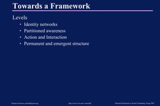 Towards a Framework Levels Identity networks Partitioned awareness Action and Interaction Permanent and emergent structure 
