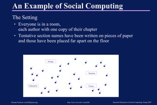 An Example of Social Computing The Setting Everyone is in a room,  each author with one copy of their chapter Tentative section names have been written on pieces of paper  and those have been placed far apart on the floor Design Systems Education Essays 