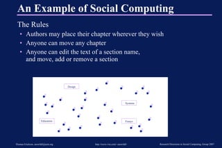 An Example of Social Computing The Rules Authors may place their chapter wherever they wish Anyone can move any chapter Anyone can edit the text of a section name,  and move, add or remove a section Design Systems Education Essays 