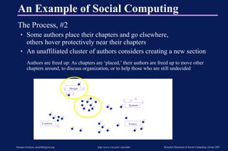 An Example of Social Computing The Process, #2 Some authors place their chapters and go elsewhere, others hover protectively near their chapters An unaffiliated cluster of authors considers creating a new section Authors are freed up: As chapters are ‘placed,’ their authors are freed up to move other chapters around, to discuss organization, or to help those who are still undecided Design Systems Contexts Essays 