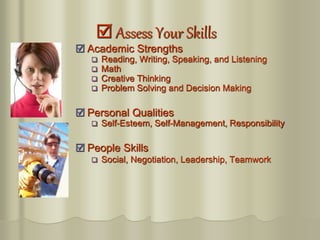  Assess Your Skills
 Academic Strengths
 Reading, Writing, Speaking, and Listening
 Math
 Creative Thinking
 Problem Solving and Decision Making
 Personal Qualities
 Self-Esteem, Self-Management, Responsibility
 People Skills
 Social, Negotiation, Leadership, Teamwork
 