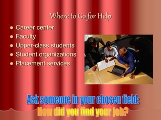 Where to Go for Help
 Career center
 Faculty
 Upper-class students
 Student organizations
 Placement services
 