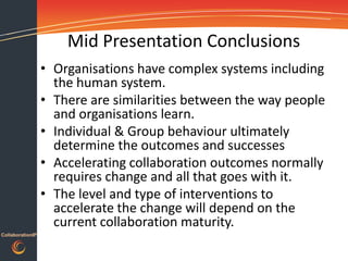 Mid Presentation Conclusions
                  • Organisations have complex systems including
                    the human system.
                  • There are similarities between the way people
                    and organisations learn.
                  • Individual & Group behaviour ultimately
                    determine the outcomes and successes
                  • Accelerating collaboration outcomes normally
                    requires change and all that goes with it.
                  • The level and type of interventions to
                    accelerate the change will depend on the
                    current collaboration maturity.
CollaborationIP
 
