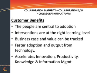 COLLABORATION MATURITY + COLLABORATION S/W
                                 = COLLABORATION PLATFORM

                  Customer Benefits
                  • The people are central to adoption
                  • Interventions are at the right learning level
                  • Business case and value can be tracked
                  • Faster adoption and output from
                    technology.
                  • Accelerates Innovation, Productivity,
                    Knowledge & Information Mgmt.
CollaborationIP
 