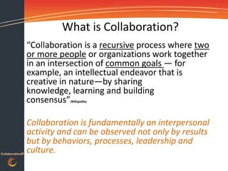 What is Collaboration?
                  “Collaboration is a recursive process where two
                  or more people or organizations work together
                  in an intersection of common goals — for
                  example, an intellectual endeavor that is
                  creative in nature—by sharing
                  knowledge, learning and building
                  consensus” (Wikipedia)




                  Collaboration is fundamentally an interpersonal
                  activity and can be observed not only by results
                  but by behaviors, processes, leadership and
CollaborationIP
                  culture.
 