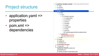 Social Connections 14 Berlin, October 16-17 2018
Project structure
• application.yaml =>
properties
• pom.xml =>
dependenc...
