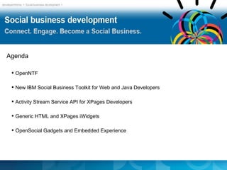 Agenda

  OpenNTF

  New IBM Social Business Toolkit for Web and Java Developers

  Activity Stream Service API for XPa...