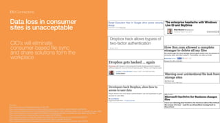 !!
!
Delivering what C-
Level executives
want
!
“CIO’s will eliminate
consumer-based file
sync and share
solutions from the
workplace”
Top Security Priorities for CIO's in 2014, IT Business Edge  
http://www.itbusinessedge.com/slideshows/top-
security-priorities-for-cios-in-2014-03.html
 