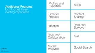 IBM Connections
!
Re-adding the ME in
Social MEdia
Focus on what matters,
filter the rest
• Personalization
• Use your social graph
• Smarter Streams
• Attention Management
Luis Benitez
@lbenitez
#IBMConnections
Source: Surviving Social Fatigue by Alan Lepofsky:
http://www.slideshare.net/alanlepo/surviving-social-software-fatigue/32
 