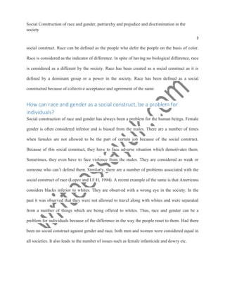Social construction of race and gender, patriarchy and prejudice and ...