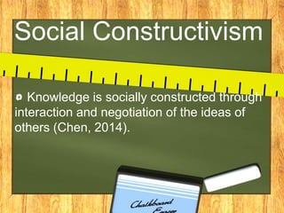 Social Constructivism
Knowledge is socially constructed through
interaction and negotiation of the ideas of
others (Chen, 2014).
 