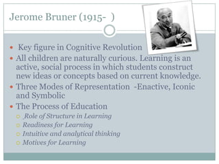 Jerome Bruner (1915- )

 Key figure in Cognitive Revolution
 All children are naturally curious. Learning is an
  active, social process in which students construct
  new ideas or concepts based on current knowledge.
 Three Modes of Representation -Enactive, Iconic
  and Symbolic
 The Process of Education
     Role of Structure in Learning
    Readiness for Learning
    Intuitive and analytical thinking
    Motives for Learning
 