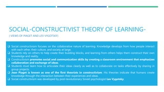 SOCIAL-CONSTRUCTIVIST THEORY OF LEARNING-
( VIEWS OF PIAGET AND LEV VYGOTSKY)
 Social constructivism focuses on the collaborative nature of learning. Knowledge develops from how people interact
with each other, their culture, and society at large.
 Students rely on others to help create their building blocks, and learning from others helps them construct their own
knowledge and reality.
 Constructivism promotes social and communication skills by creating a classroom environment that emphasizes
collaboration and exchange of ideas.
 Students must learn how to articulate their ideas clearly as well as to collaborate on tasks effectively by sharing in
group projects.
 Jean Piaget is known as one of the first theorists in constructivism. His theories indicate that humans create
knowledge through the interaction between their experiences and ideas.
 Social constructivism was developed by post-revolutionary Soviet psychologist Lev Vygotsky.
 