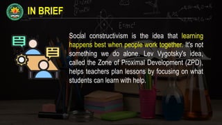 IN BRIEF
Social constructivism is the idea that learning
happens best when people work together. It's not
something we do alone. Lev Vygotsky's idea,
called the Zone of Proximal Development (ZPD),
helps teachers plan lessons by focusing on what
students can learn with help.
 