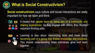 What is Social Constructivism?
Social constructivism says culture and social interactions are really
important for how we learn and think.
It means that people learn by being part of a community and
sharing experiences. As they engage with others, they develop
important thinking skills.
Learning is less about memorizing facts and more about
becoming part of a group that shares knowledge and practices.
This shared understanding helps individuals grow and learn
together.
 