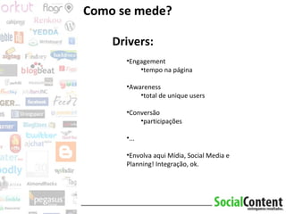 Como se mede? Drivers: Engagement tempo na página Awareness total de unique users Conversão participações ... Envolva aqui Mídia, Social Media e Planning! Integração, ok. 