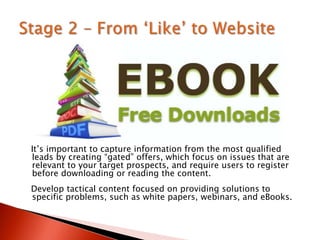 It‟s important to capture information from the most qualified
leads by creating “gated” offers, which focus on issues that are
relevant to your target prospects, and require users to register
before downloading or reading the content.
Develop tactical content focused on providing solutions to
specific problems, such as white papers, webinars, and eBooks.
 
