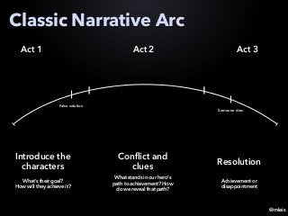 @mleis
Classic Narrative Arc
Act 1 Act 2 Act 3
Introduce the
characters
What’s their goal?
How will they achieve it?
False solution
Conflict and
clues
What stands in our hero’s
path to achievement? How
do we reveal that path?
Resolution
Someone dies
Achievement or
disappointment
 