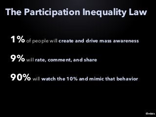 @mleis
The Participation Inequality Law
1%of people will create and drive mass awareness
9%will rate, comment, and share
90%will watch the 10% and mimic that behavior
 