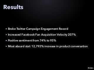 @mleis
Results
• Broke Twitter Campaign Engagement Record
• Increased Facebook Fan Acquisition Velocity 207%
• Positive sentiment from 74% to 95%
• Most absurd stat: 12,793% increase in product conversation
 