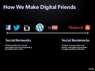 @mleis
How We Make Digital Friends
Social Networks Social Bookmarks
Finding people with common
personality traits and strengthening
friendships with content
Finding / curating content and
finding / strengthening friendships
through personality similarities
 