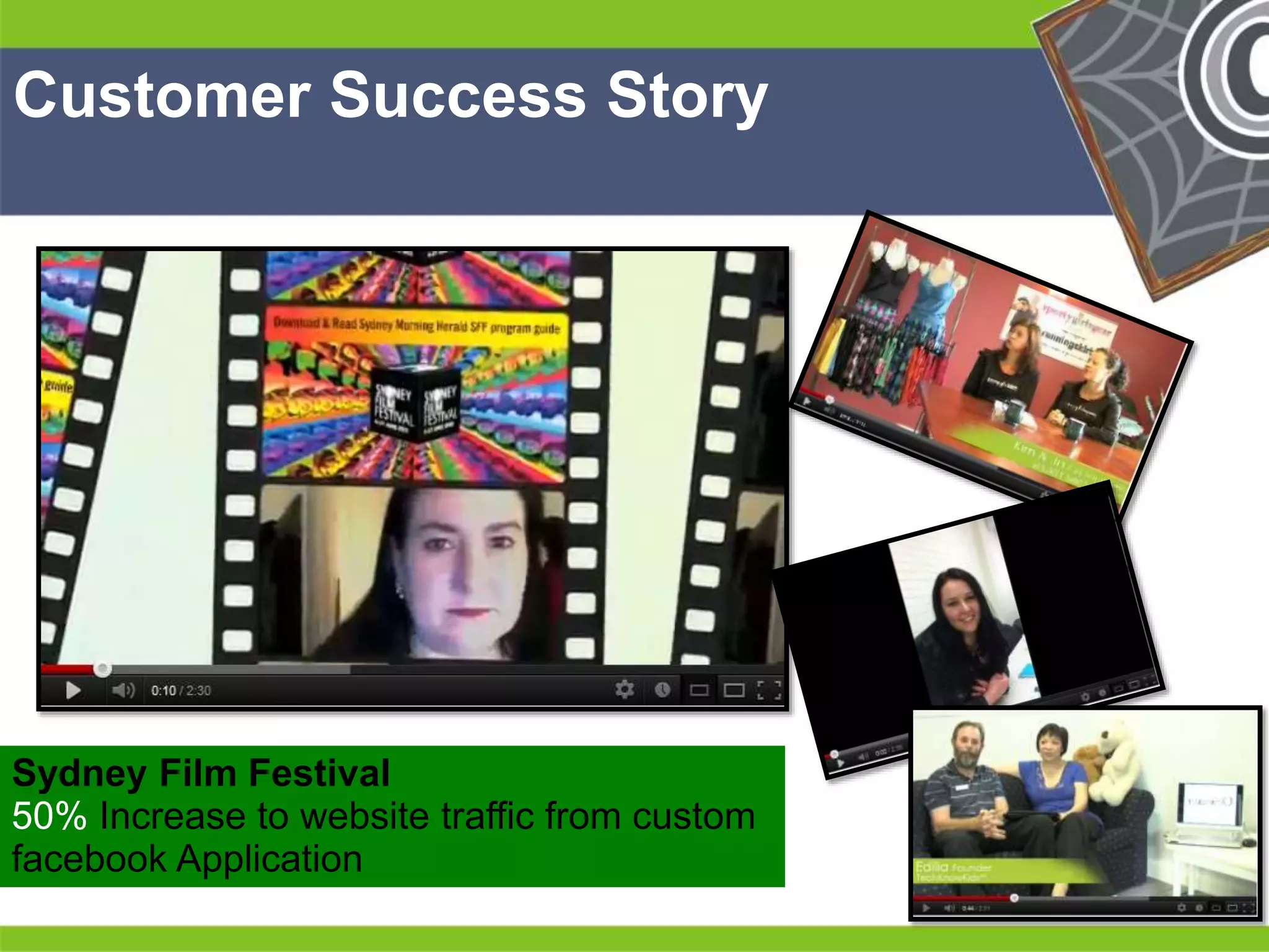 Then 
Man 
is 
Then 
Man 
is 
Customer Success Story 
Sydney Film Festival 
50% Increase to website traffic from custom 
facebook Application 
 