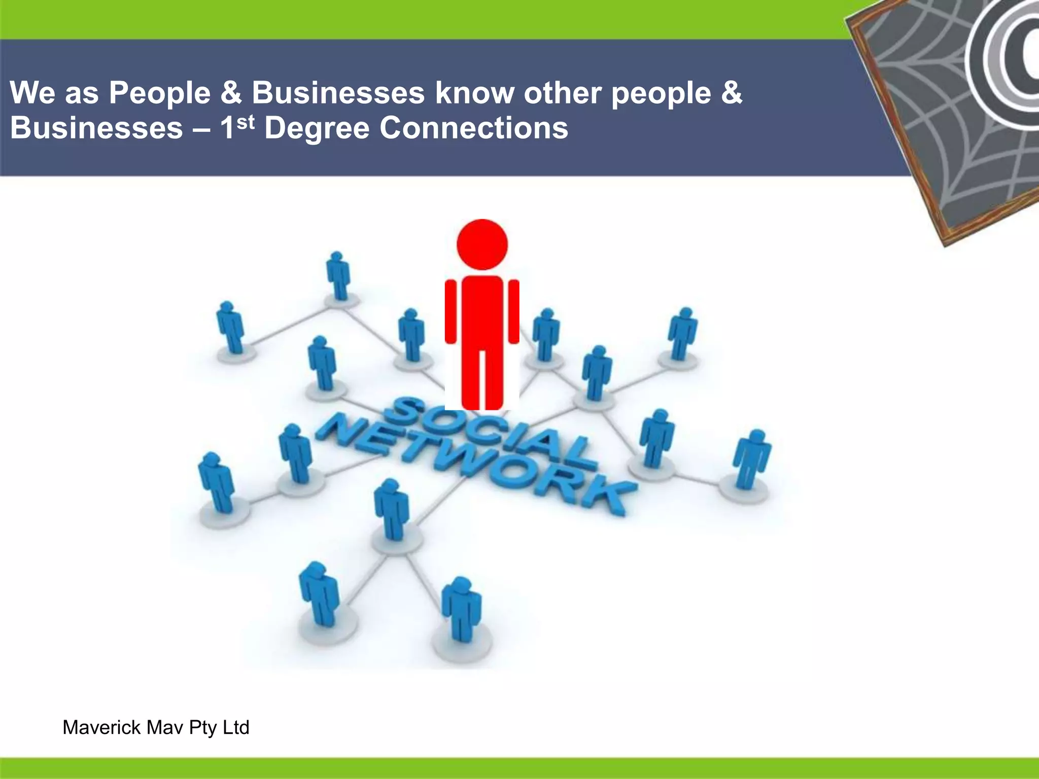 We as People & Businesses know other people & 
Businesses – 1st Degree Connections 
He 
He 
he 
He 
He 
Maverick Mav Pty Ltd he 
 