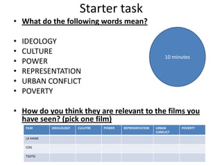 Starter task
• What do the following words mean?

•   IDEOLOGY
•   CULTURE
                                                                    10 minutes
•   POWER
•   REPRESENTATION
•   URBAN CONFLICT
•   POVERTY

• How do you think they are relevant to the films you
  have seen? (pick one film)
    FILM       IDEOLOLOGY   CULUTRE   POWER   REPRESENTATION   URBAN      POVERTY
                                                               CONFLICT
    LA HAINE

    COG

    TSOTSI
 