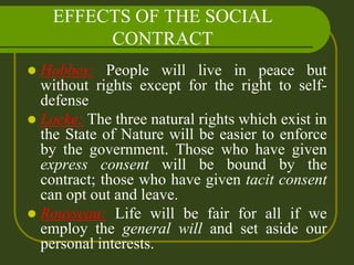 EFFECTS OF THE SOCIAL
CONTRACT
 Hobbes: People will live in peace but
without rights except for the right to self-
defense
 Locke: The three natural rights which exist in
the State of Nature will be easier to enforce
by the government. Those who have given
express consent will be bound by the
contract; those who have given tacit consent
can opt out and leave.
 Rousseau: Life will be fair for all if we
employ the general will and set aside our
personal interests.
 