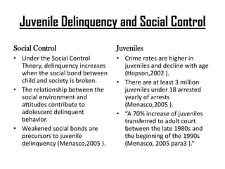 Juvenile Delinquency and Social Control
Social Control
• Under the Social Control
Theory, delinquency increases
when the social bond between
child and society is broken.
• The relationship between the
social environment and
attitudes contribute to
adolescent delinquent
behavior.
• Weakened social bonds are
precursors to juvenile
delinquency (Menasco,2005 ).
Juveniles
• Crime rates are higher in
juveniles and decline with age
(Hopson,2002 ).
• There are at least 3 million
juveniles under 18 arrested
yearly of arrests
(Menasco,2005 ).
• “A 70% increase of juveniles
transferred to adult court
between the late 1980s and
the beginning of the 1990s
(Menasco, 2005 para3 ).”
 