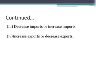 Continued…
(iii) Decrease imports or increase imports
(iv)Increase exports or decrease exports.

 