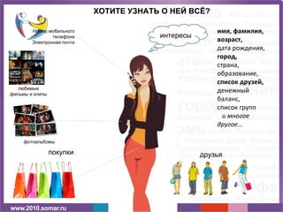 интересы имя, фамилия,  возраст,  дата рождения,  город,  страна,  образование,  список друзей,  денежный баланс,  список групп и многое другое… фотоальбомы любимые фильмы и клипы ХОТИТЕ УЗНАТЬ О НЕЙ ВСЁ? друзья покупки Номер мобильного телефона Электронная почта 