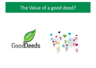 Channeling	
  good	
  deeds	
  via	
  	
  
Social	
  Enterprises	
  to	
  create	
  value	
  
VALUE	
  
Inner	
  
RecogniRon	
  
Impact	
  
DEEDS	
  
AcRvism	
  
Volunteer	
  
DonaRons	
  
Investments	
  
Money	
  $	
  
Other	
  
For	
  
Proﬁts	
  
Non-­‐proﬁts	
  
ChariRes	
  
Social	
  Enterprises	
  
 