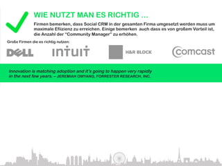 WIE NUTZT MAN ES RICHTIG …
              Firmen bemerken, dass Social CRM in der gesamten Firma umgesetzt werden muss um
              maximale Efiizienz zu erreichen. Einige bemerken auch dass es von großem Vorteil ist,
              die Anzahl der “Community Manager” zu erhöhen.
Große Firmen die es richtig nutzen:




Innovation is matching adoption and it’s going to happen very rapidly
in the next few years. – JEREMIAH OWYANG, FORRESTER RESEARCH, INC.


              HOW IT’S USED INCORRECTLY…
               According to Gartner.com by 2010, more than 50% if companies will have created an
               online community but will fail to manage it effectively, instead driving customers away.

Rushing into social computing initiatives without clearly defined benefits for both the
company and the customer will be the biggest cause of failure. – GARTNER.COM
 