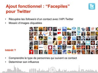 Ajout fonctionnel : “Facepiles”
pour Twitter
•  Récupère les followers d‘un contact avec l‘API Twitter
•  Mosaïc d‘images cliquables




Intérêt ?

•  Comprendre le type de personnes qui suivent ce contact
•  Determiner son influence
 