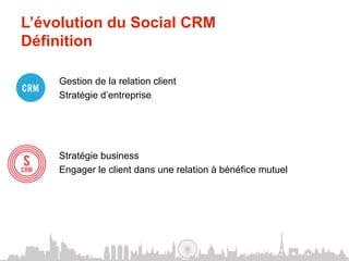 L’évolution du Social CRM
Définition

    Gestion de la relation client
    Stratégie d’entreprise




    Stratégie business
    Engager le client dans une relation à bénéfice mutuel
 