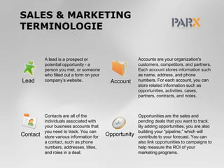 Sales & Marketing TerminologieAccounts are your organization's customers, competitors, and partners. Each account stores information such as name, address, and phone numbers. For each account, you can store related information such as opportunities, activities, cases, partners, contracts, and notes.A lead is a prospect or potential opportunity - a person you met, or someone who filled out a form on your company’s website.LeadAccountContacts are all of the individuals associated with your business accounts that you need to track. You can store various information for a contact, such as phone numbers, addresses, titles, and roles in a deal.Opportunities are the sales and pending deals that you want to track. By adding opportunities, you are also building your “pipeline,” which will contribute to your forecast. You can also link opportunities to campaigns to help measure the ROI of your marketing programs.OpportunityContact