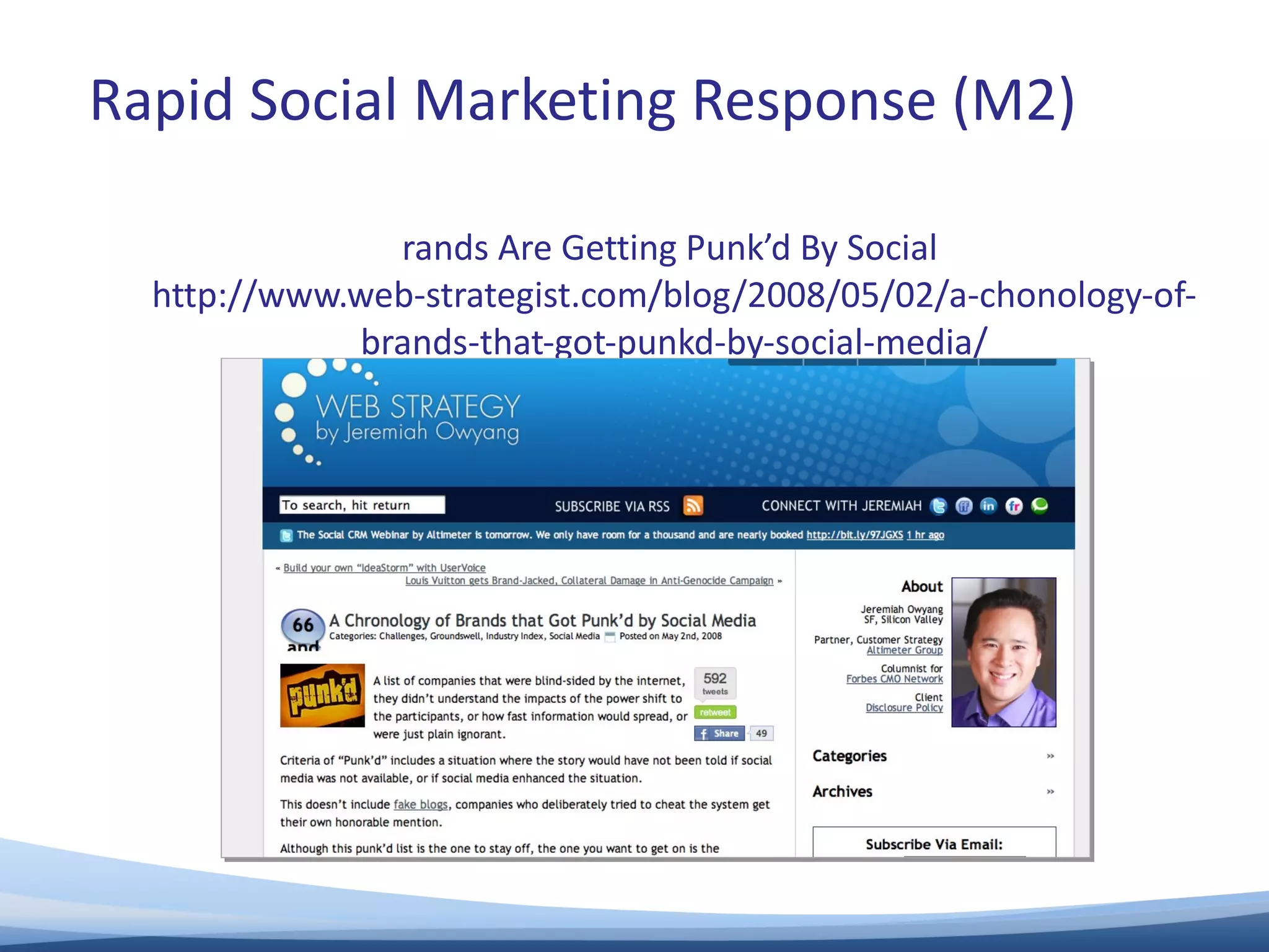 Brands Are Getting Punk’d By Social  http://www.web-strategist.com/blog/2008/05/02/a-chonology-of-brands-that-got-punkd-by-social-media/ Rapid Social Marketing Response (M2) 