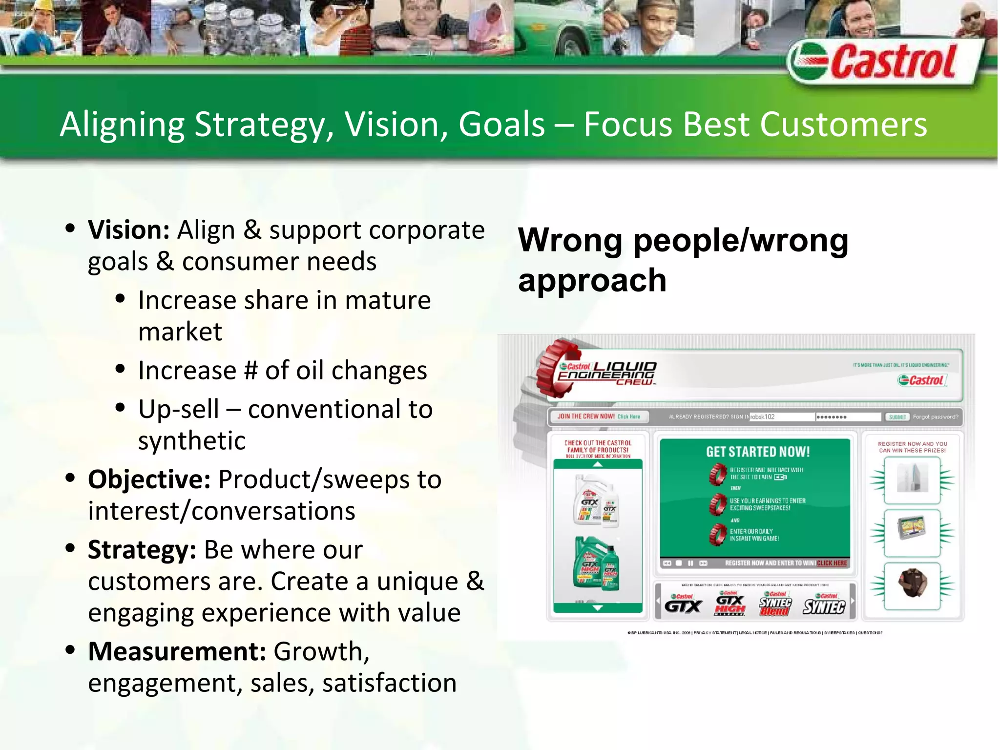 Aligning strategy, vision, goals  Vision:  Align & support corporate goals & consumer needs Increase share in mature market Increase # of oil changes Up-sell – conventional to synthetic Objective:  Product/sweeps to interest/conversations Strategy:  Be where our customers are. Create a unique & engaging experience with value Measurement:  Growth, engagement, sales, satisfaction Wrong people/wrong approach Aligning Strategy, Vision, Goals – Focus Best Customers  