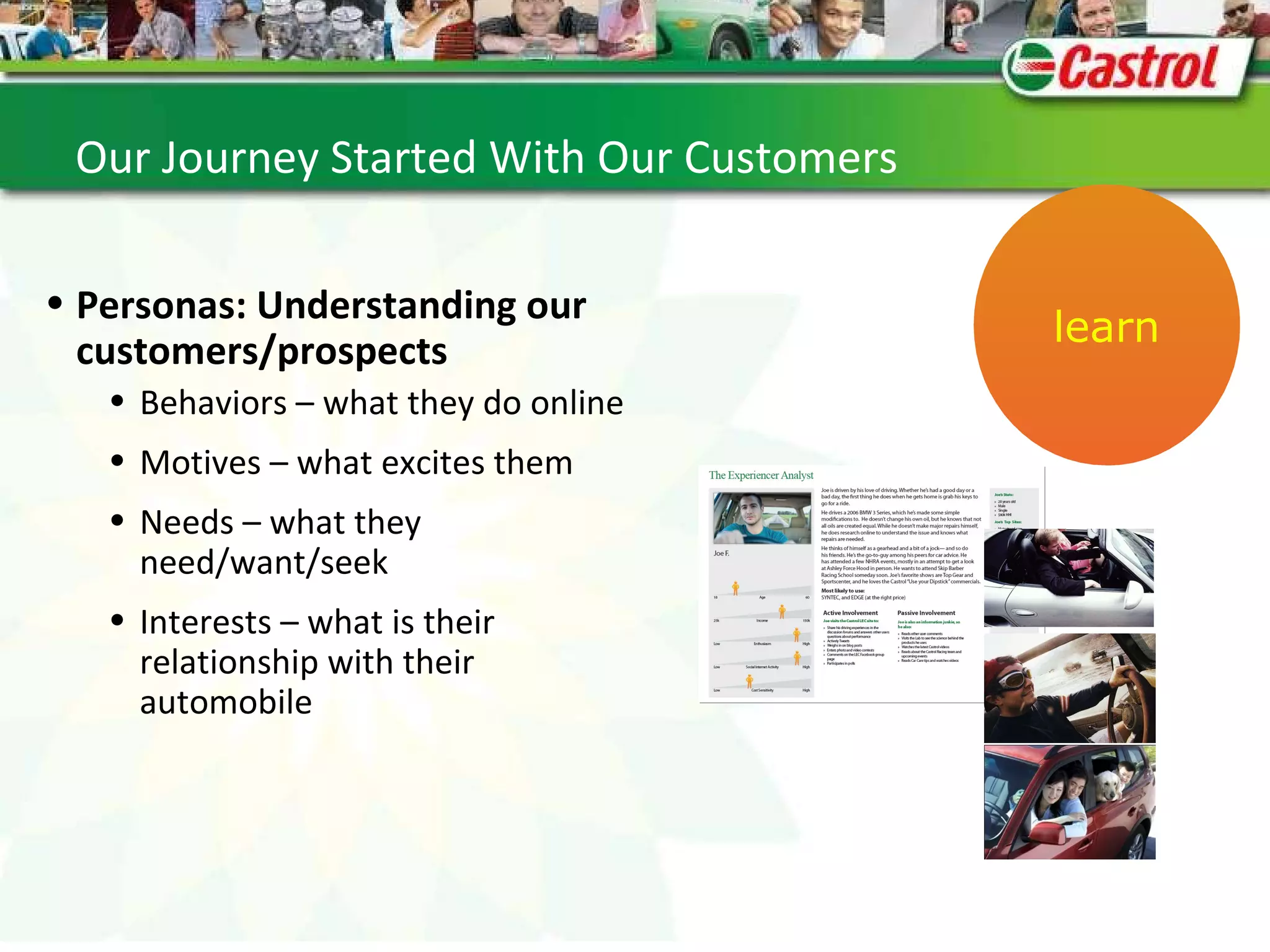 Our journey started with our customers Achievers My vehicle is a symbol of my achievements, who I am (and how I want to be perceived) Personas: Understanding our customers/prospects Behaviors – what they do online Motives – what excites them Needs – what they need/want/seek Interests – what is their relationship with their automobile Our Journey Started With Our Customers  learn 