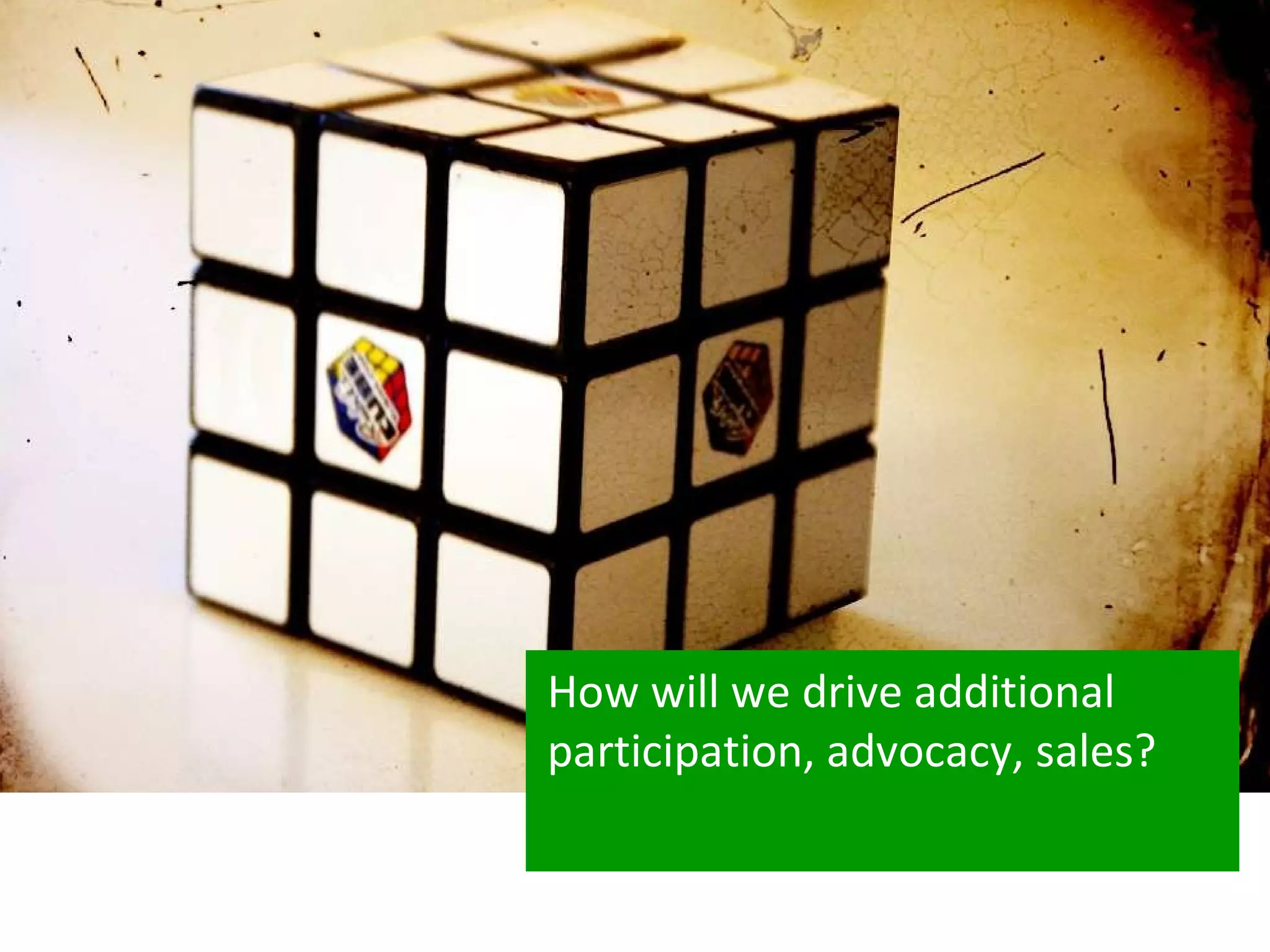 How will we drive additional participation, advocacy, sales? 