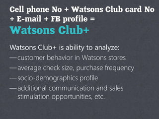 The Watsons Club+ launch (testing started on
Feb. 7, 2012) was supported by:
— content in Facebook community (Wall posts)
...