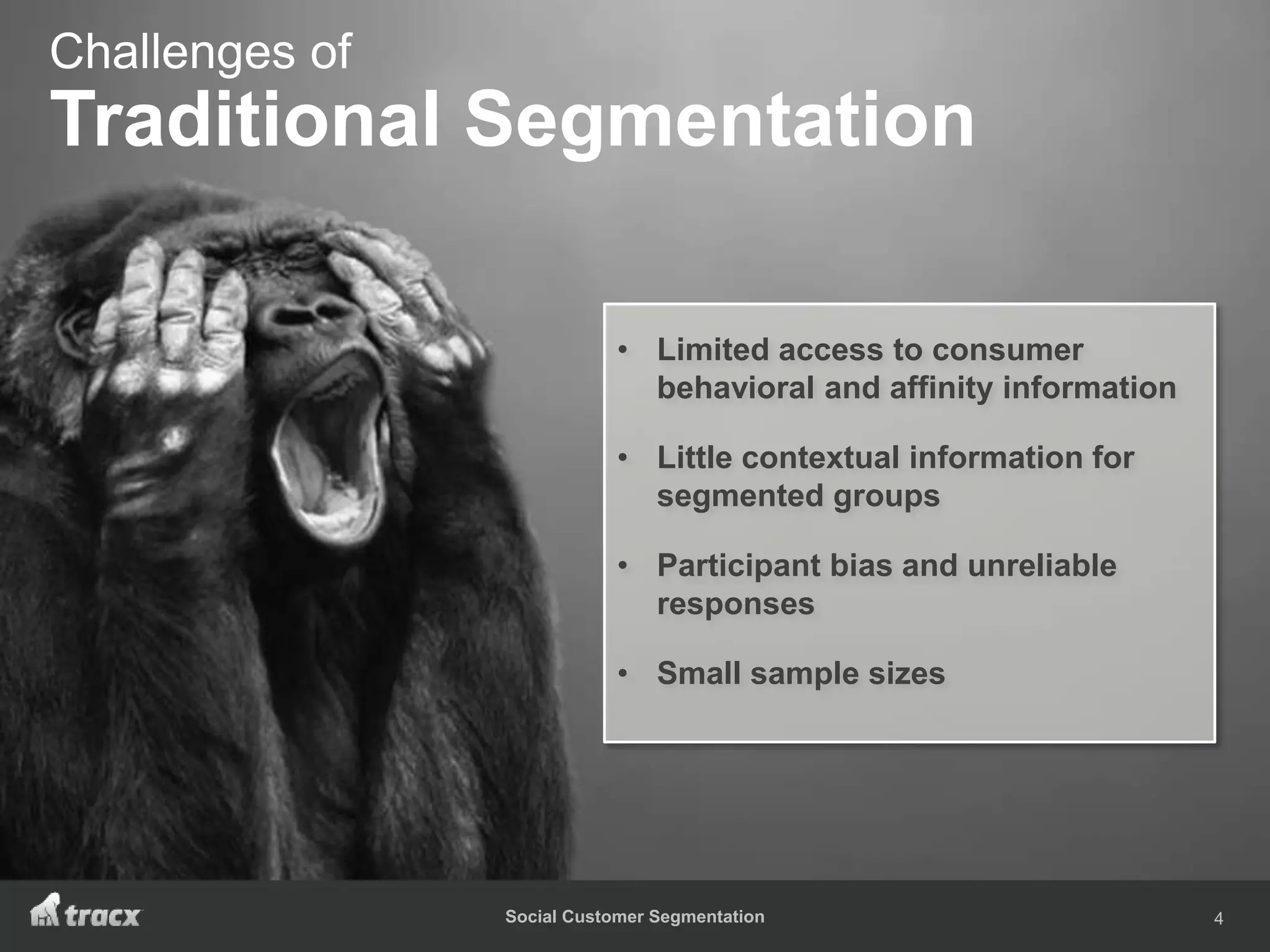 Social Customer Segmentation
• Limited access to consumer
behavioral and affinity information
• Little contextual information for
segmented groups
• Participant bias and unreliable
responses
• Small sample sizes
4
Challenges of
Traditional Segmentation
 