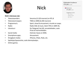 Nick
Nick’s interesses zijn:
• Televisiezenders:                  Veronica (3.120 mannen) en RTL 8
• Televisieomroepen:                 TROS en BNN (6.240 mannen)
• Programma’s:                       Sport, show & amusement, muziek en soaps.
• Radio:                             Radio 538, Q-music, Slam! FM en 100% NL.
• Literatuur:                        De Telegraaf, het AD, sensatiebladen, zoals
                                     Privé of mannenbladen.
•   Social media                     Hotmail, Hyves en MSN.
•   Smartphone apps:                 Amusement.
•   Draagbare media:                 iPhones, iPods, iPads, etc.
•   Spelletjes/spaaracties, zoals dierenplaatjes .
•   Online games.
 